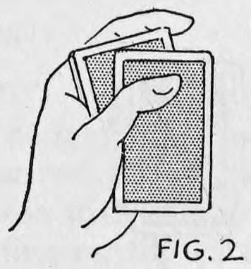 Fig. 2. — The left thumb has slid the top card off to the right in an arc, the base of the thumb pivoting at the lower index corner.