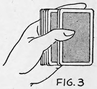 Fig. 3. — The left thumb pushes the two top cards to the right so the deck fans out slightly.