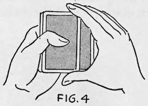 Fig. 4. — The right hand comes up over the top cards while the left thumb slides the top card back, leaving the second card held by the right second finger and thumb.