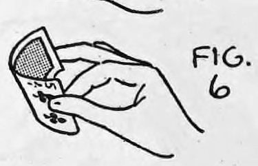 Fig. 6. — The dealt card bent in the right hand, the right first finger against its far narrow end so it is held between thumb and first finger.