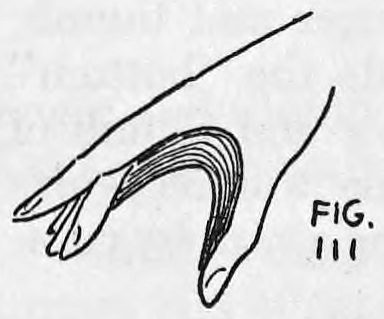 Fig. 111. — The right hand holds the cards pressed into a deep curve, the thumb at the near edge, ready for The Cascade.