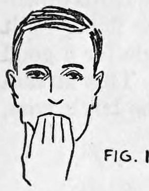 Fig. 1. — A man faces the audience with his right hand held against his mouth, the back of the hand outward, hiding the cards pushed in.
