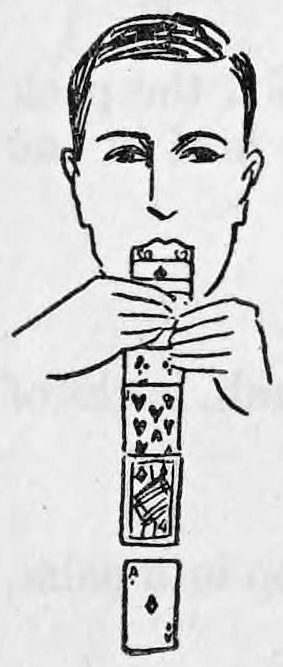 Fig. 2. — A man pulls a ribbon of cards downward out of his mouth with both hands, the cards falling one by one in a column.