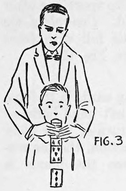 Fig. 3. — A man stands behind a boy facing the audience, his arms around the boy's neck, pulling a ribbon of cards down out of the boy's mouth.
