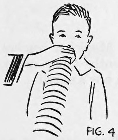 Fig. 4. — The performer's right hand is held at a boy's nose while a stream of curved cards spurts downward toward the floor in a cascade.