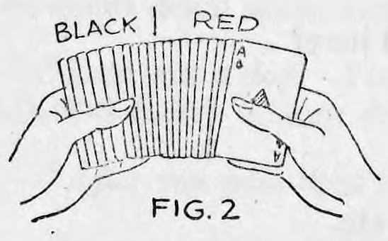 Fig. 2. — Both hands hold a fanned packet of cards face up, labelled BLACK on the left half and RED on the right half.