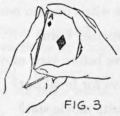 Fig. 3. — Close view of the left hand holding the packet, with the little finger between the three outer black cards and the rest, reversing those three.