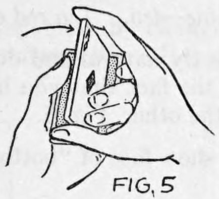 Fig. 5. — The right hand turns over the balance of the packet on top of the three cards, an arrow showing the turn, the thumb and fingers gripping the edges.