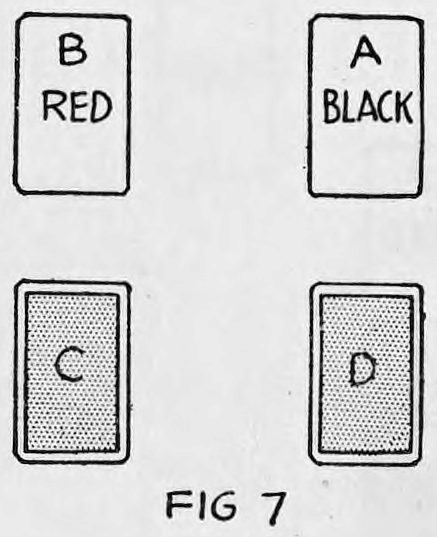Fig. 7. — Two single cards face up, B (red) and A (black), above two packets lying backs up, C under B and D under A.