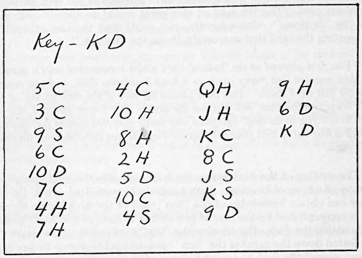 Hand-lettered chart in a box: "Key - KD" above four columns of card abbreviations, such as 5C, 3C, 9S down to 7H, ending in 9H, 6D, KD in the last column.