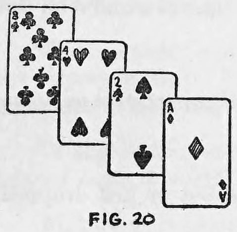 Fig. 20. — Four playing cards fanned in a stepped row, left to right: the Eight of Clubs, Four of Hearts, Two of Spades and Ace of Diamonds, each overlapping the next.