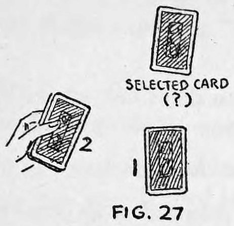 Fig. 27. — Two piles of cards on the table, numbered 1 and 2, with a hand lifting pile 2 and the aside card labelled selected card, question mark, above them.
