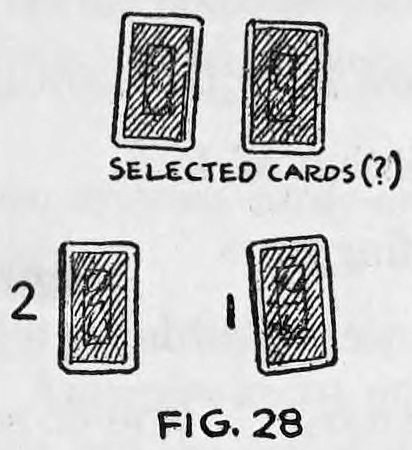 Fig. 28. — Two piles of cards, numbered 1 and 2, on the table, with the two cards set aside above them labelled selected cards, question mark.