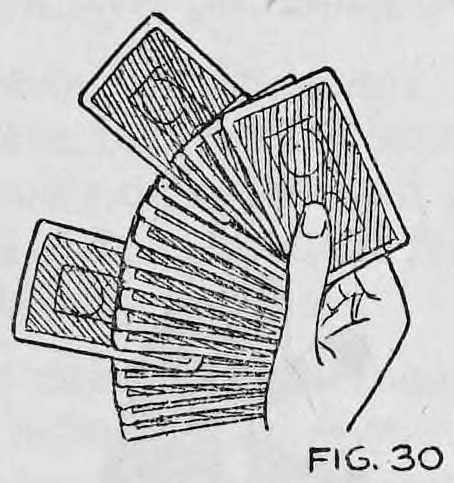 Fig. 30. — The right hand holds a fanned packet of cards, backs up, with the two indifferent cards placed among the others.
