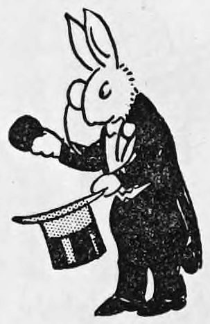 A cartoon rabbit in a tailcoat stands upright, holding a top hat in one hand and a wand in the other, as a magician would.