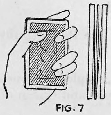 Fig. 7. — The left hand grips the deck with the forefinger over the top edge, beside a side view of the two prepared cards with the five selected cards between them.