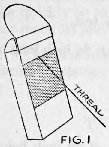 Fig. 1. — A card case seen at a slant with the flap up; a gray area marks the extra strip of card glued across its back, and a thread runs diagonally away from it.