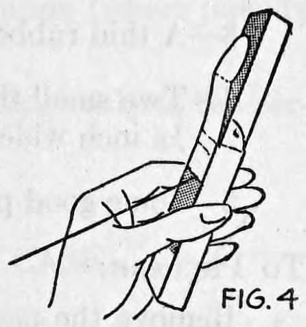 Fig. 4. — The left hand slants the card case forward; the thread tightens and pulls the cards up out of the case.
