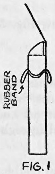 Fig. 1. — An upright card case with the rubber band run through holes near the top, its loop ends showing on the outside; the words rubber band are lettered beside it.