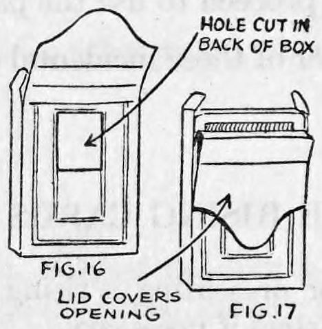 Fig. 16. — Back of the card case with its flap open, showing the rectangular hole cut in the back of the box and an arrow noting that the lid covers the opening.