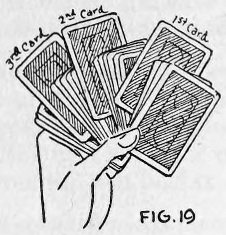 Fig. 19. — The left hand holds the packet fanned out with backs up; the first, second and third selected cards are marked where they stand out in different parts of the fan.