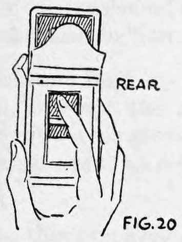 Fig. 20. — The card case held in the right hand, rear view away from the audience, with the forefinger against the first card showing through the hole in the back.