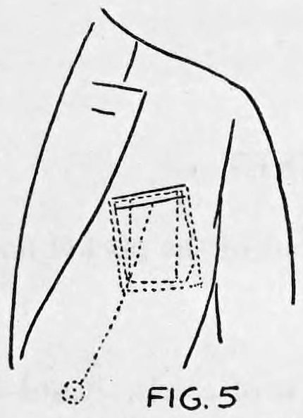 Fig. 5. — Front of a coat with the breast pocket shown in dotted lines and a thread running from it down inside the coat to a button on the inside.
