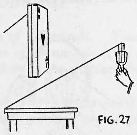 Fig. 27. — Side view: a deck of cards in a glass held in the left hand at the table front, the thread stretched straight out along a slope to the back of the table.