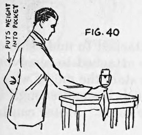 Fig. 40. — A man leaning over a table picks up the glass with one hand while the other hand puts the iron weight into his pocket, shown by a lettered arrow.