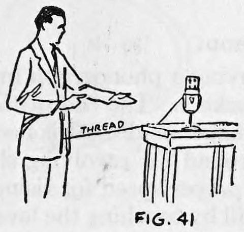 Fig. 41. — A man stands away from a table holding the glass of cards, the thread stretched taut from the glass to his body, one hand gesturing.