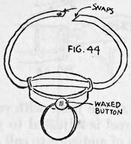 Fig. 44. — The wrist reel: a round box inside a loop of elastic with snaps at the top, and a flesh-colored ring below it with the waxed button beside it.
