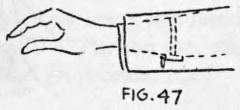 Fig. 47. — The same forearm with the coat sleeve drawn in dotted lines over the reel, which is hidden up the arm.