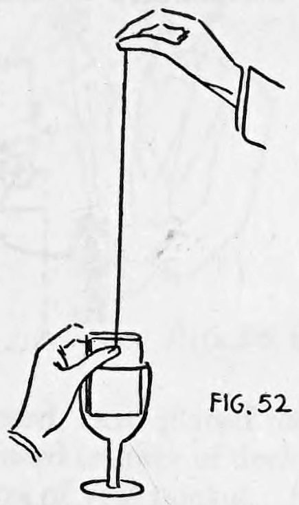 Fig. 52. — The right hand is raised high with the thread stretched straight up from the deck in the glass, held between thumb and forefinger, the left hand at the glass.