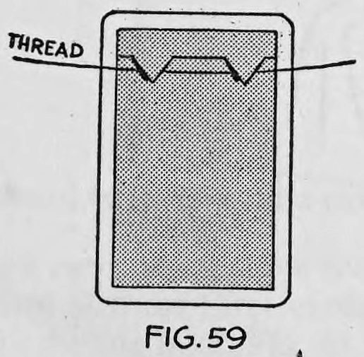 Fig. 59. — The prepared card seen from the back: a piece pasted at the top with two pointed tabs bent outward, and the black thread slipped under the tabs across the card.