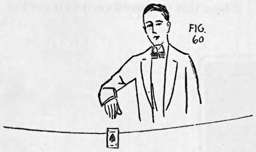 Fig. 60. — Thurston in evening dress with his left hand dropped to his side holding cards, while a thread stretched across the stage in front of him carries the floating card.