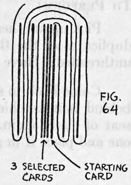 Fig. 64. — The whole deck threaded: the thread loops over the tops of the cards in turn, front and back. Labels point to the three selected cards and the starting card.