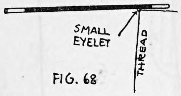 Fig. 68. — The end of a wand lying horizontally with a small eyelet screwed near its tip, and the thread passing through the eyelet and hanging straight down.