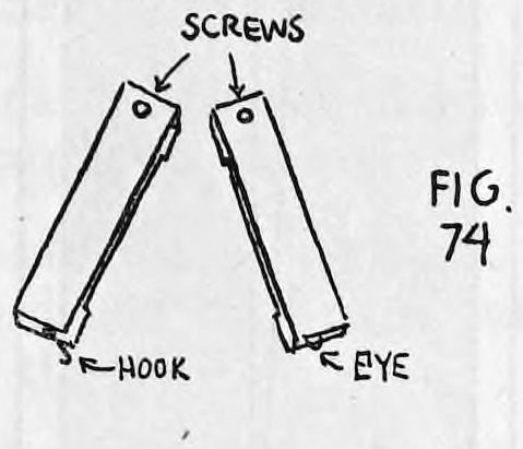 Fig. 74. — The two sections of the wooden clamp swung open, each screwed to the table at the front end, with a hook on one section and an eye on the other at the back.