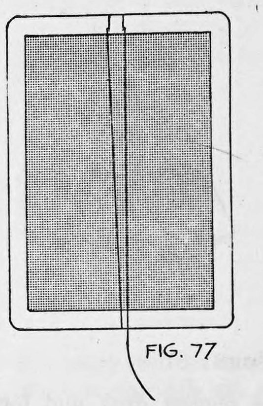 Fig. 77. — A card face-on with the flap at the top; a black silk thread runs up the center over the flap and down again, trailing off below.