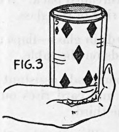 Fig. 3. — The tumbler of cards standing on the outstretched palm of the right hand, with the fingers curled up around the bottom of the glass.