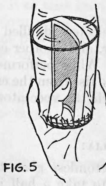 Fig. 5. — A bottomless tumbler seen from the side with the third finger of the hand pushing up through the open bottom against the rear card.