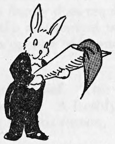 A small rabbit in a black coat and bow tie stands upright and holds a large cone-shaped horn or funnel with a handkerchief draped from its mouth.