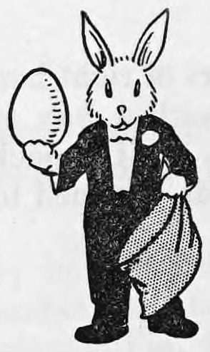 A small rabbit in a black coat and bow tie stands upright, holding a large egg raised in one hand and a dotted cloth bag in the other.