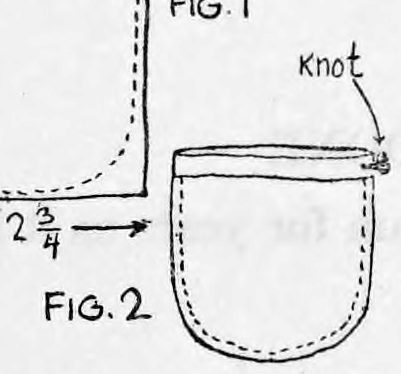 Fig. 2. — The finished bag with a hem folded along the top edge, the string run through it and knotted, the knot labelled.