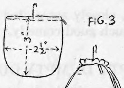 Fig. 3. — The bag turned inside out with a bent pin run through the top edge of one side, its little hook pointing up; measurements of 3 and two and a half inches are marked.