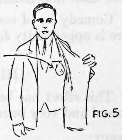 Fig. 5. — A man in a suit, the front of his coat held open to show the bag pinned inside the upper left vest pocket.