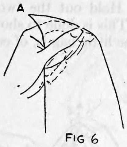 Fig. 6. — The left hand gripping the handkerchief, its upper corner lettered A, the cloth held taut between the thumb and the fingers.
