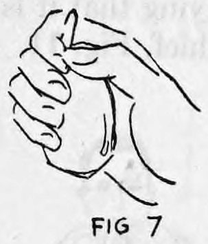Fig. 7. — The right hand, seen from the side, holding the bag between the tips of the thumb and first finger after removing it from the vest.
