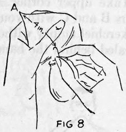 Fig. 8. — The right hand pins the bag to the handkerchief held in the left hand, about four inches from the upper corner lettered A.