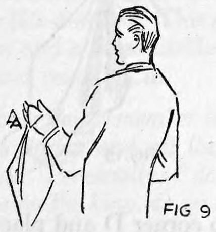 Fig. 9. — A man seen from behind and the side with his left arm extended, showing the handkerchief and the back of his left hand, the bag hidden on the palm side.